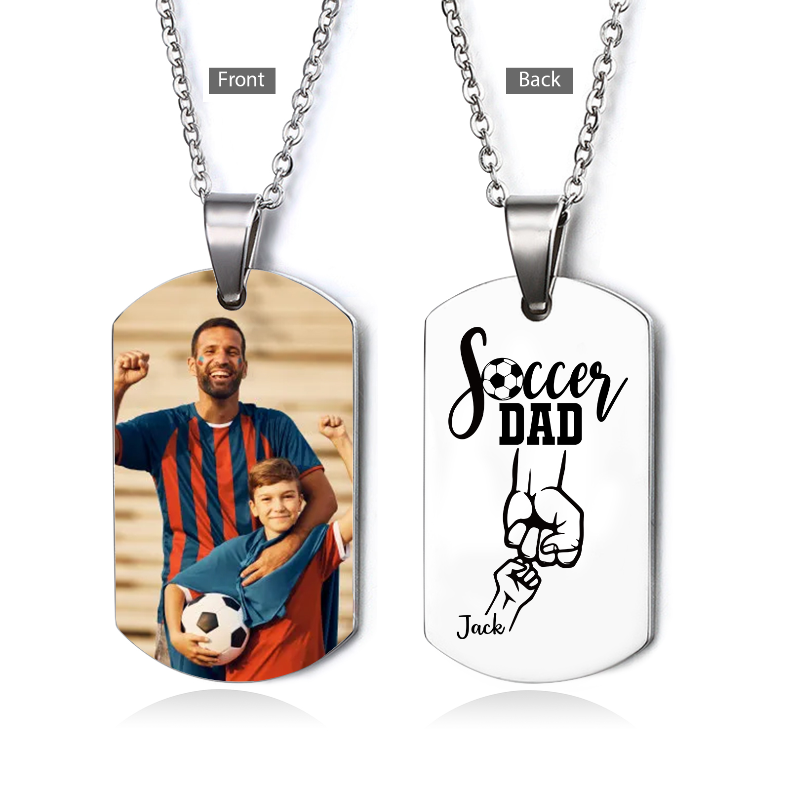 Engraved ‘Soccer Dad’ Necklace – Custom Dog Tag with 1 Photo & 1 Name– Personalized Father’s Day Present for Him | Lorajewel