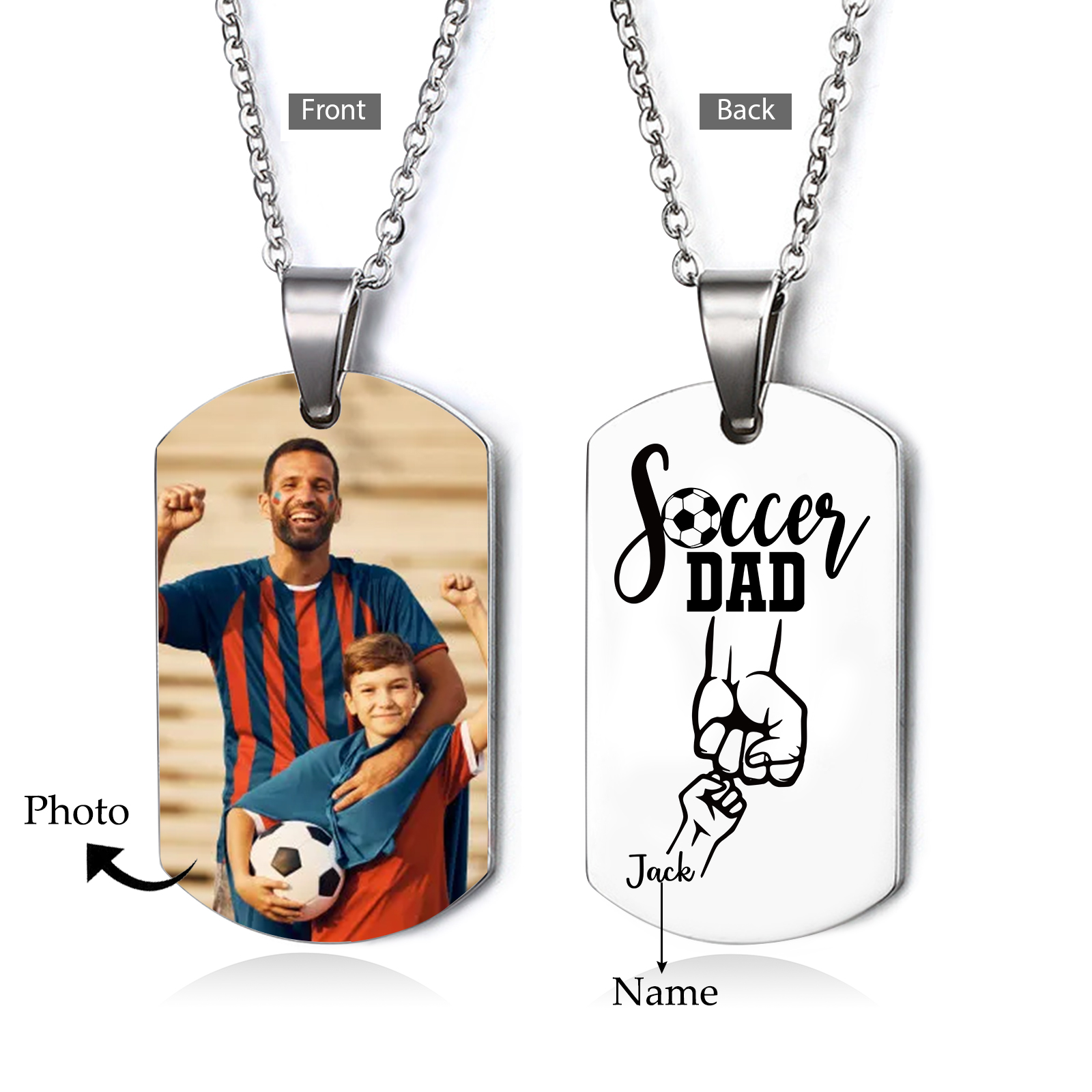 Engraved ‘Soccer Dad’ Necklace – Custom Dog Tag with 1 Photo & 1 Name– Personalized Father’s Day Present for Him | Lorajewel