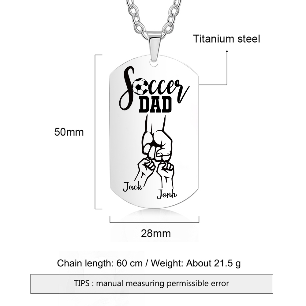 Engraved ‘Soccer Dad’ Necklace – Custom Dog Tag with 1 Photo & 2 Names – Personalized Father’s Day Present for Him | Lorajewel