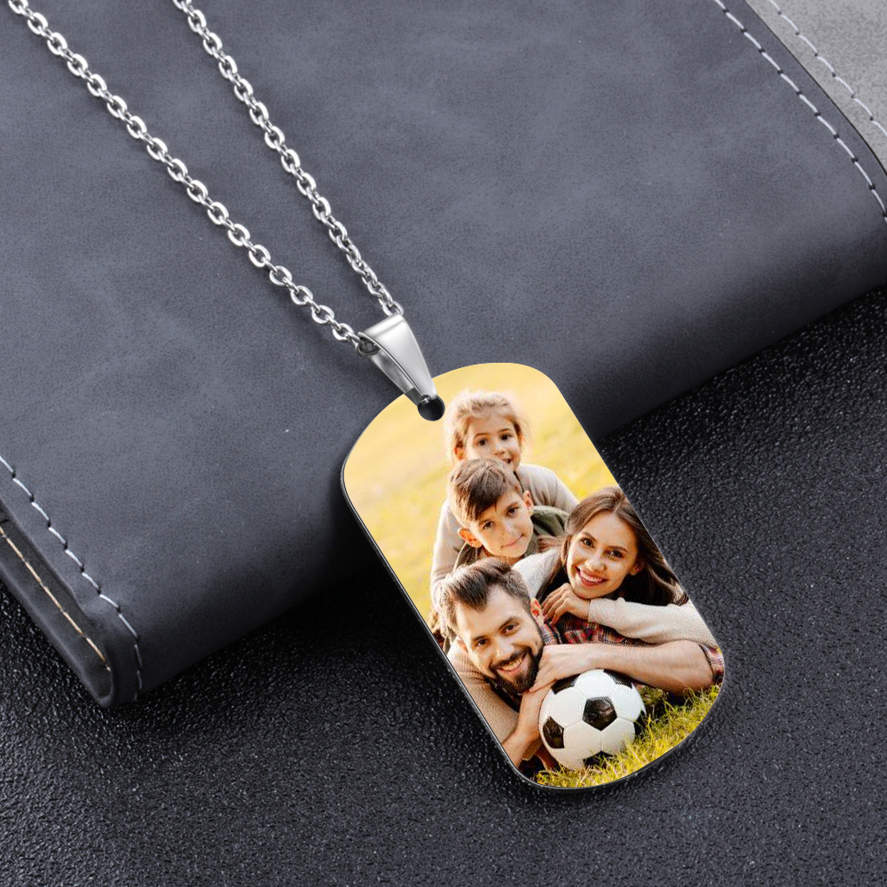 Engraved ‘Soccer Dad’ Necklace – Custom Dog Tag with 1 Photo & 2 Names – Personalized Father’s Day Present for Him | Lorajewel