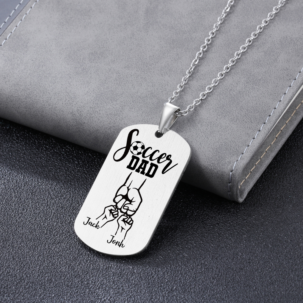 Engraved ‘Soccer Dad’ Necklace – Custom Dog Tag with 1 Photo & 2 Names – Personalized Father’s Day Present for Him | Lorajewel