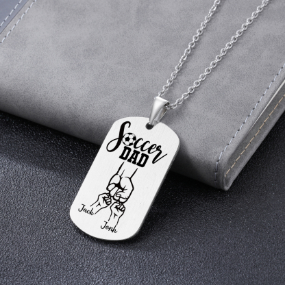 Engraved ‘Soccer Dad’ Necklace – Custom Dog Tag with 1 Photo & 2 Names – Personalized Father’s Day Present for Him | Lorajewel
