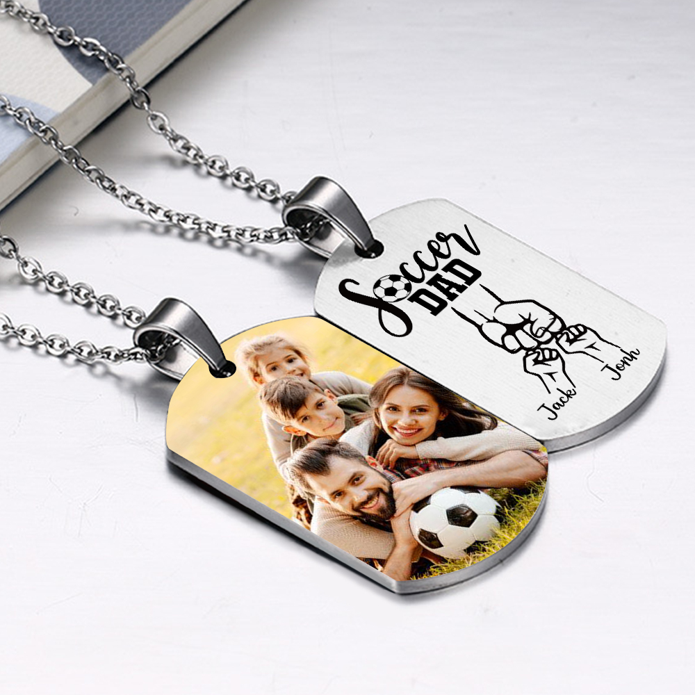Engraved ‘Soccer Dad’ Necklace – Custom Dog Tag with 1 Photo & 2 Names – Personalized Father’s Day Present for Him | Lorajewel