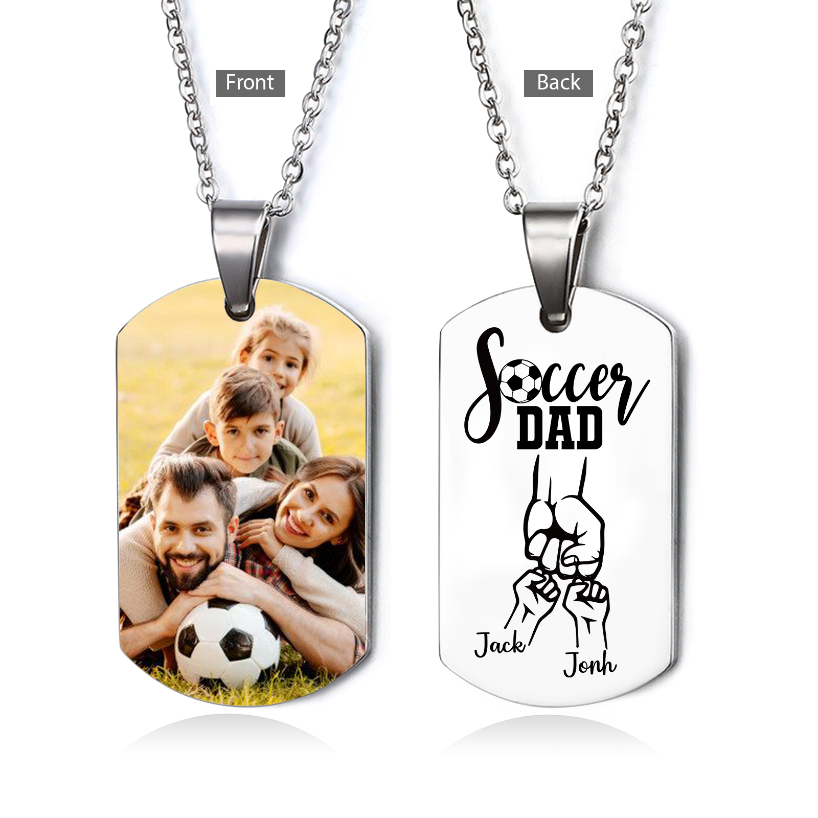 Engraved ‘Soccer Dad’ Necklace – Custom Dog Tag with 1 Photo & 2 Names – Personalized Father’s Day Present for Him | Lorajewel