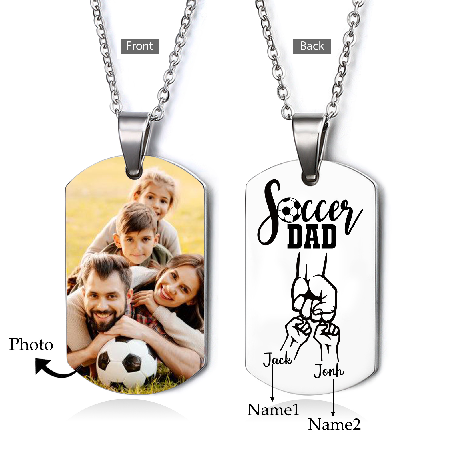 Engraved ‘Soccer Dad’ Necklace – Custom Dog Tag with 1 Photo & 2 Names – Personalized Father’s Day Present for Him | Lorajewel