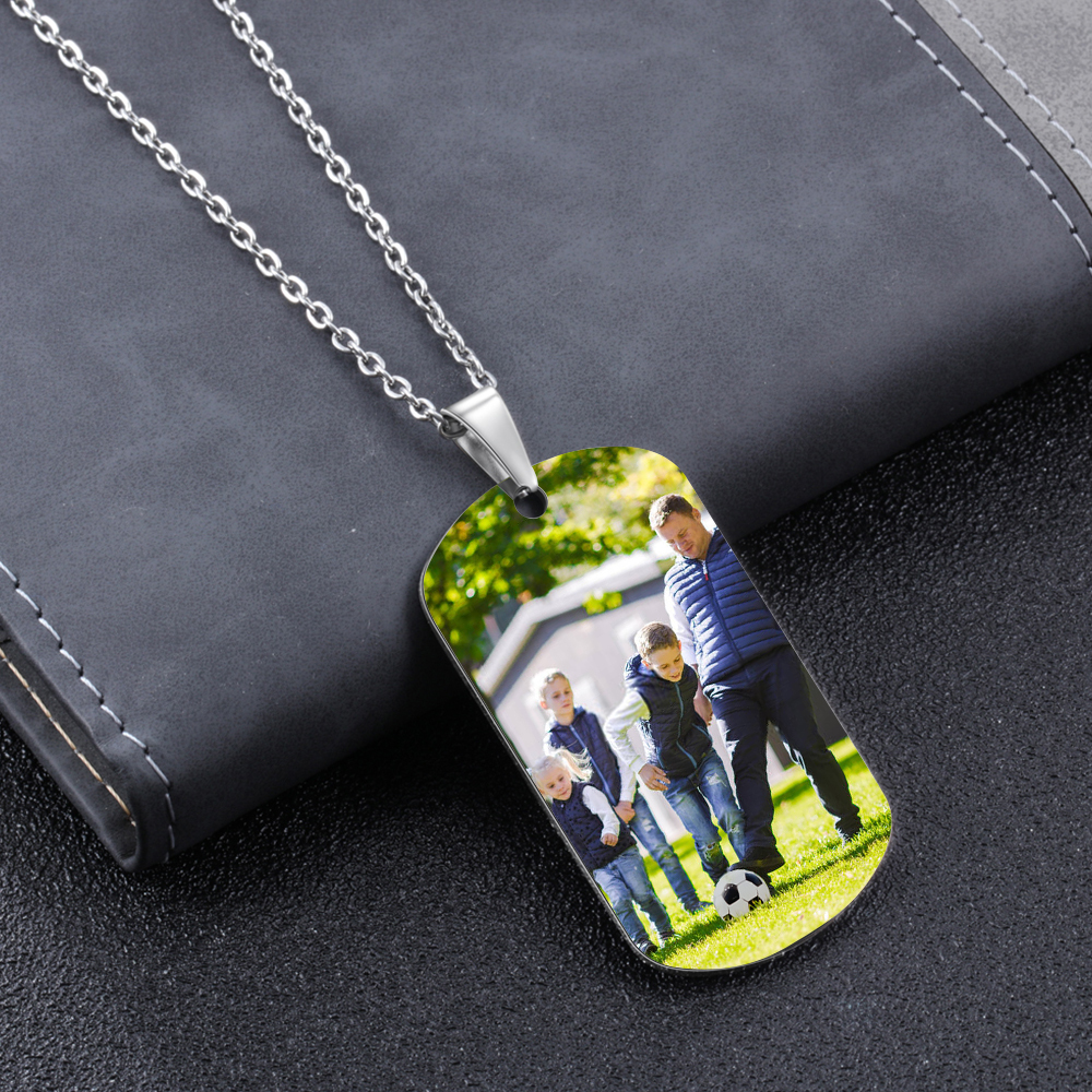 Engraved ‘Soccer Dad’ Necklace – Custom Dog Tag with 1 Photo & 3 Names – Personalized Father’s Day Present for Him | Lorajewel