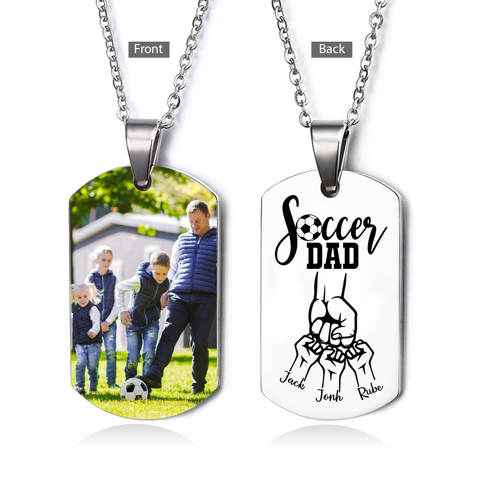 Engraved ‘Soccer Dad’ Necklace – Custom Dog Tag with 1 Photo & 3 Names – Personalized Father’s Day Present for Him | Lorajewel