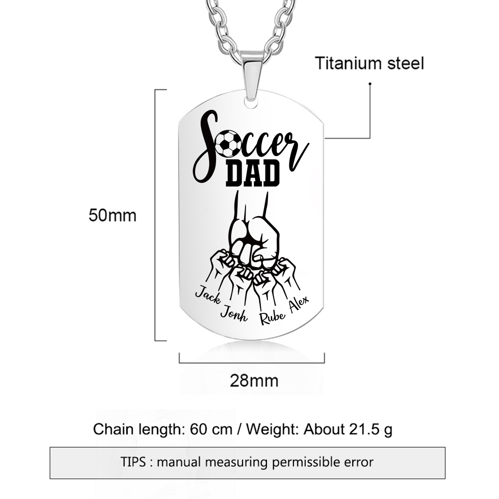 Engraved ‘Soccer Dad’ Necklace – Custom Dog Tag with 1 Photo & 4 Names – Personalized Father’s Day Present for Him | Lorajewel