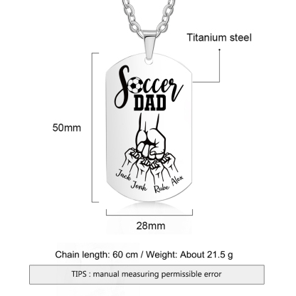 Engraved ‘Soccer Dad’ Necklace – Custom Dog Tag with 1 Photo & 4 Names – Personalized Father’s Day Present for Him | Lorajewel