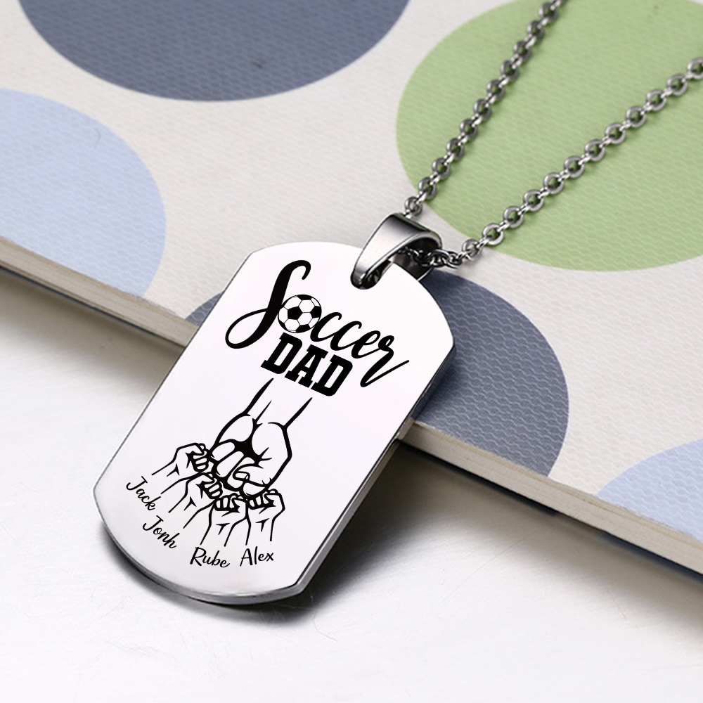 Engraved ‘Soccer Dad’ Necklace – Custom Dog Tag with 1 Photo & 4 Names – Personalized Father’s Day Present for Him | Lorajewel