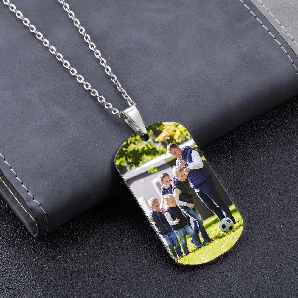 Engraved ‘Soccer Dad’ Necklace – Custom Dog Tag with 1 Photo & 4 Names – Personalized Father’s Day Present for Him | Lorajewel