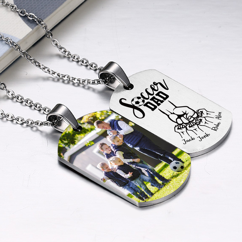 Engraved ‘Soccer Dad’ Necklace – Custom Dog Tag with 1 Photo & 4 Names – Personalized Father’s Day Present for Him | Lorajewel