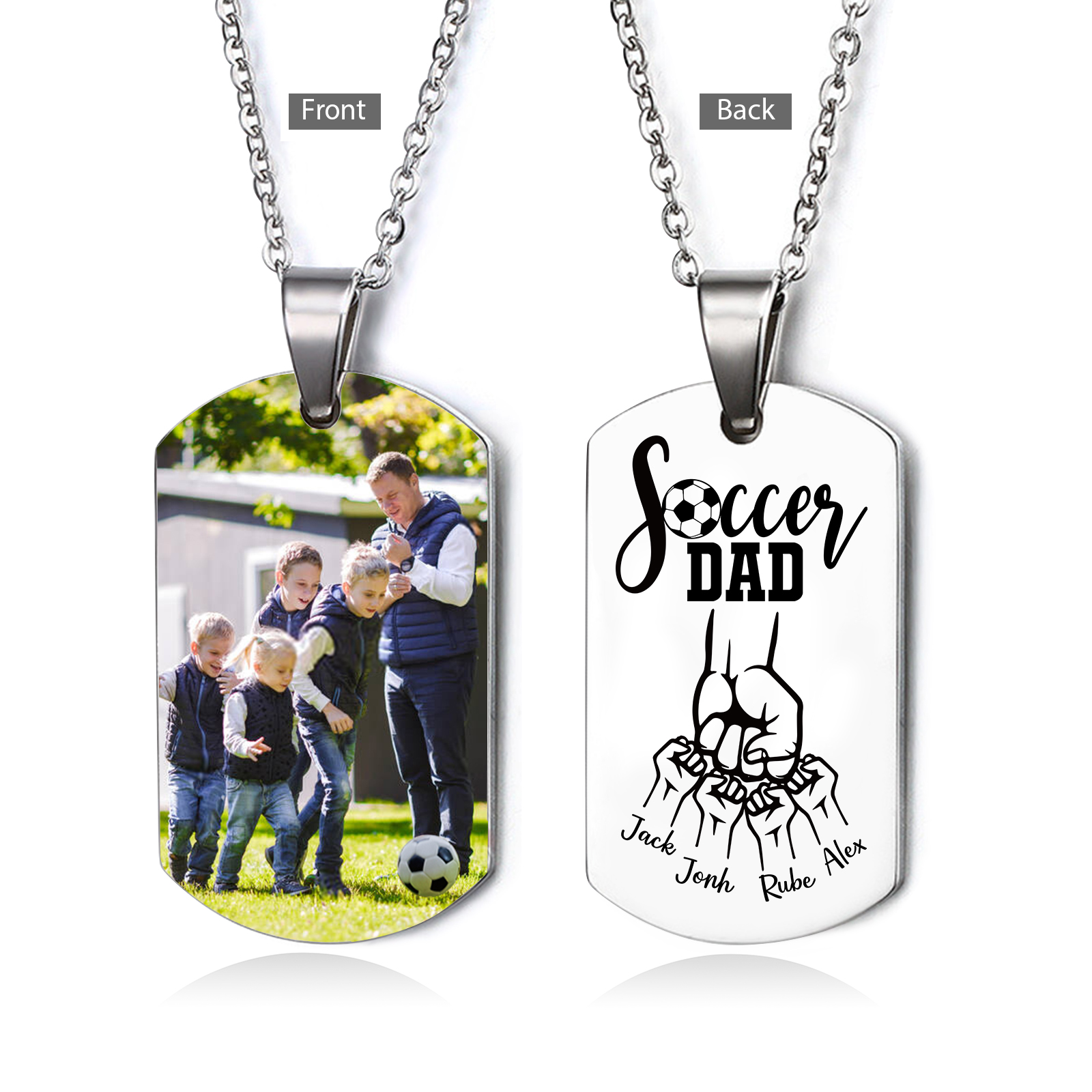 Engraved ‘Soccer Dad’ Necklace – Custom Dog Tag with 1 Photo & 4 Names – Personalized Father’s Day Present for Him | Lorajewel