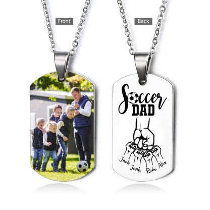 Engraved ‘Soccer Dad’ Necklace – Custom Dog Tag with 1 Photo & 4 Names – Personalized Father’s Day Present for Him | Lorajewel