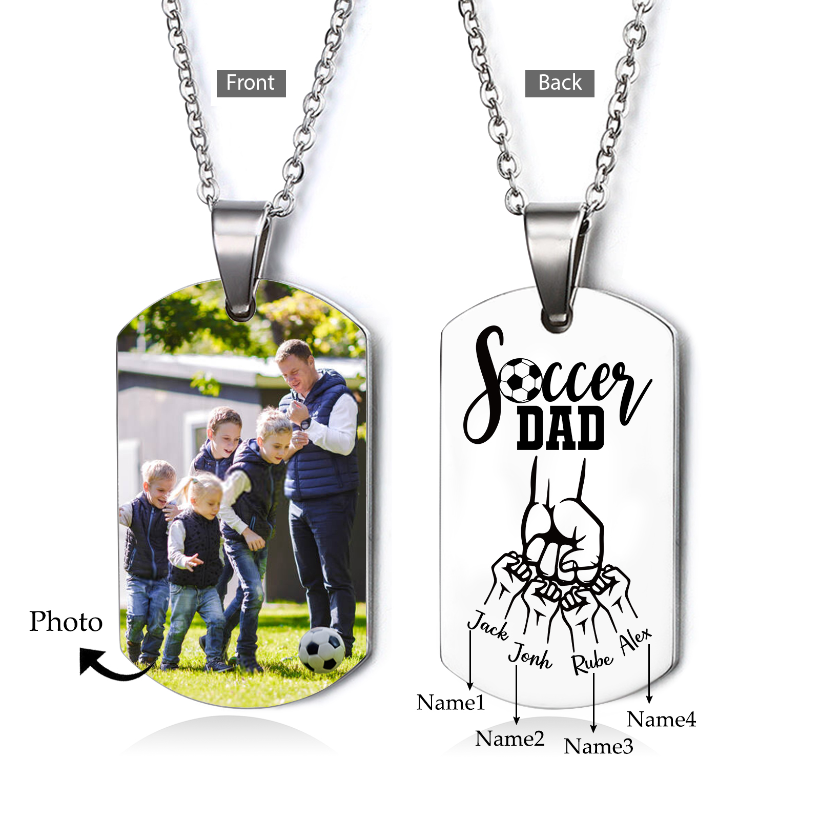 Engraved ‘Soccer Dad’ Necklace – Custom Dog Tag with 1 Photo & 4 Names – Personalized Father’s Day Present for Him | Lorajewel