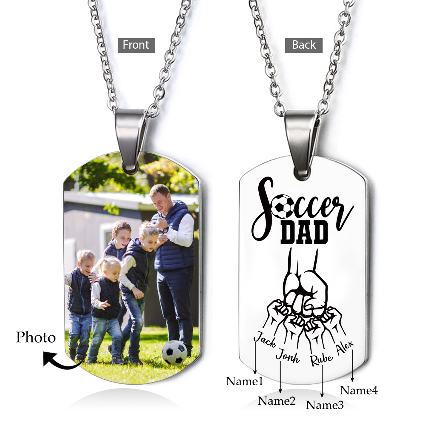 Engraved ‘Soccer Dad’ Necklace – Custom Dog Tag with 1 Photo & 4 Names – Personalized Father’s Day Present for Him | Lorajewel