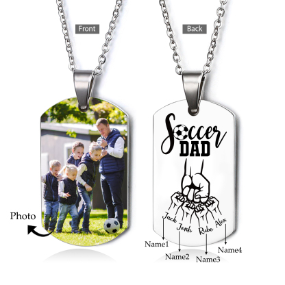 Engraved ‘Soccer Dad’ Necklace – Custom Dog Tag with 1 Photo & 4 Names – Personalized Father’s Day Present for Him | Lorajewel