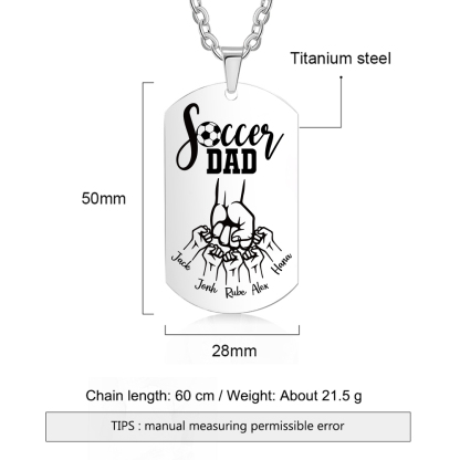 Engraved ‘Soccer Dad’ Necklace – Custom Dog Tag with 1 Photo & 5 Names – Personalized Father’s Day Present for Him | Lorajewel