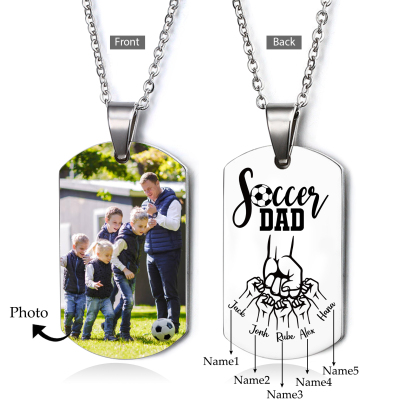 Engraved ‘Soccer Dad’ Necklace – Custom Dog Tag with 1 Photo & 5 Names – Personalized Father’s Day Present for Him | Lorajewel
