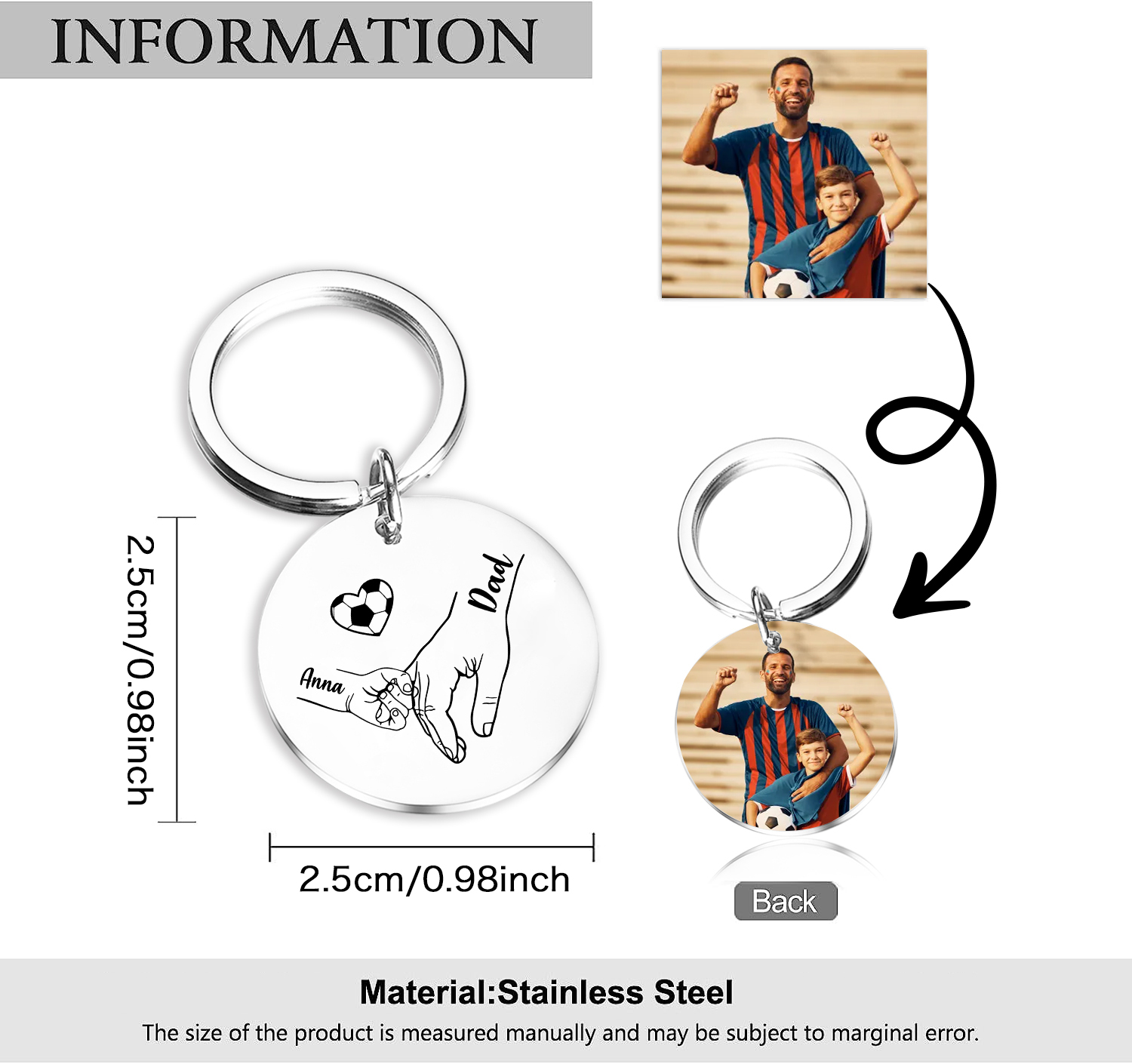 Personalized 2 Names & 1 Photo Keychain – Custom Names & Football Design Gift for Father’s Day | Lorajewel