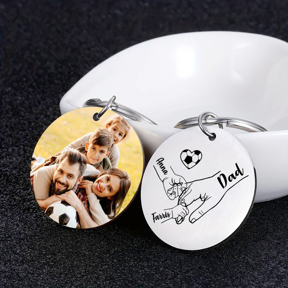 Personalized 3 Names & 1 Photo Keychain – Custom Names & Football Design Gift for Father’s Day | Lorajewel