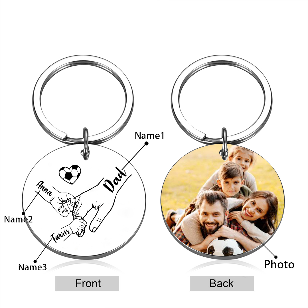 Personalized 3 Names & 1 Photo Keychain – Custom Names & Football Design Gift for Father’s Day | Lorajewel