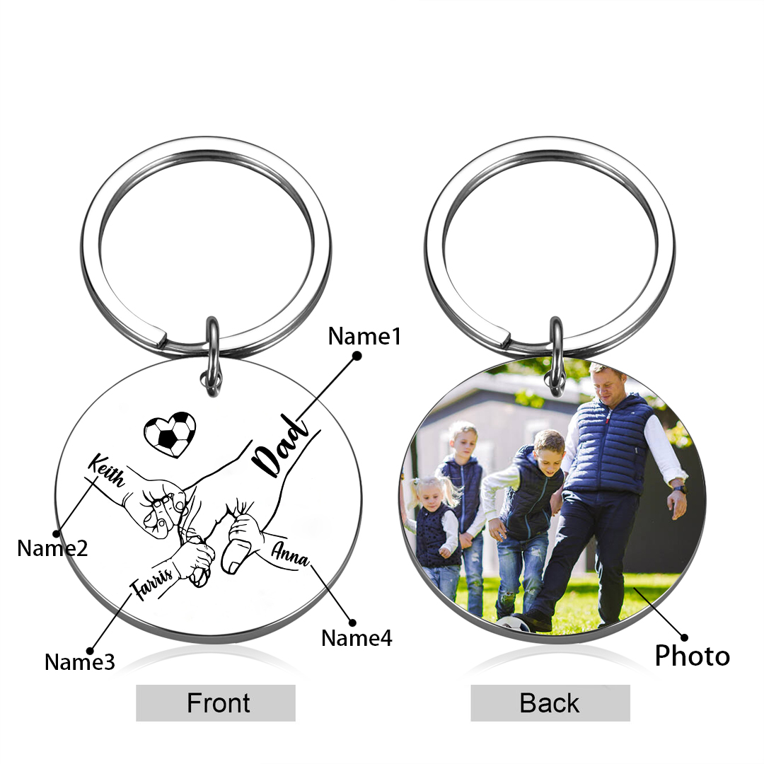 Personalized 4 Names & 1 Photo Keychain – Custom Names & Football Design Gift for Father’s Day | Lorajewel
