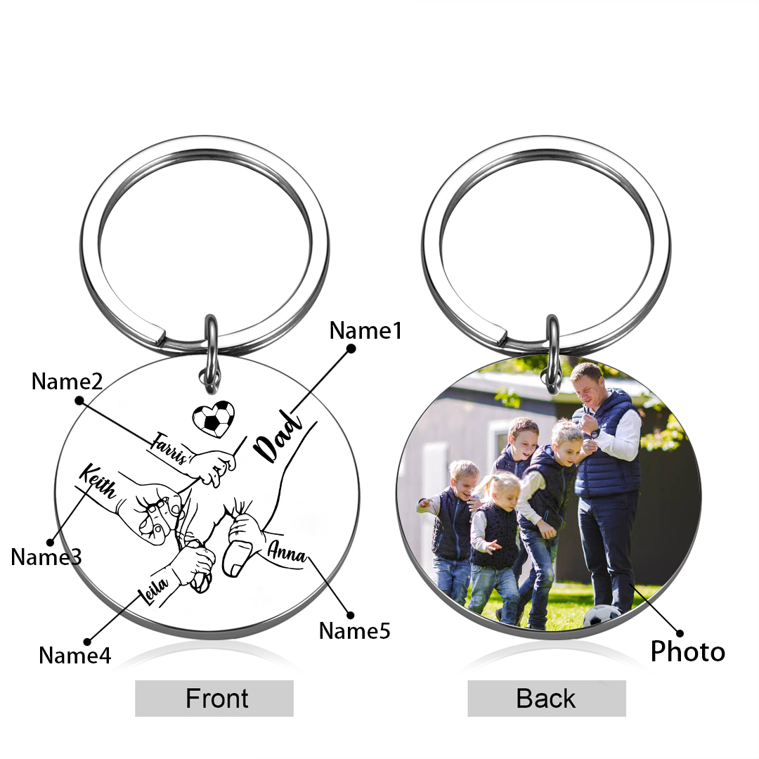 Personalized 5 Names & 1 Photo Keychain – Custom Names & Football Design Gift for Father’s Day | Lorajewel
