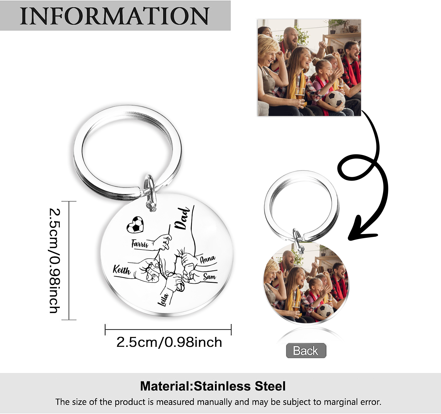 Personalized 6 Names & 1 Photo Keychain – Custom Names & Football Design Gift for Father’s Day | Lorajewel