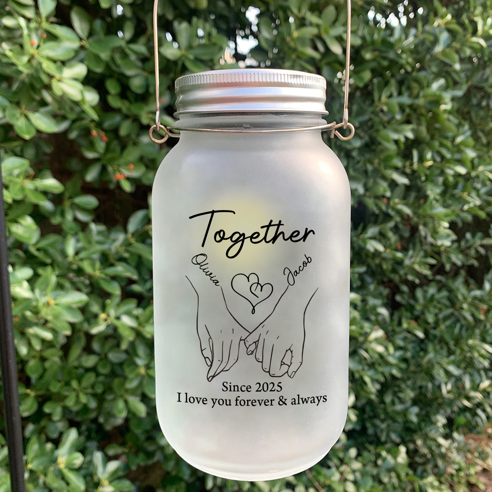 Custom Couple Frosted Solar Mason Jar Light