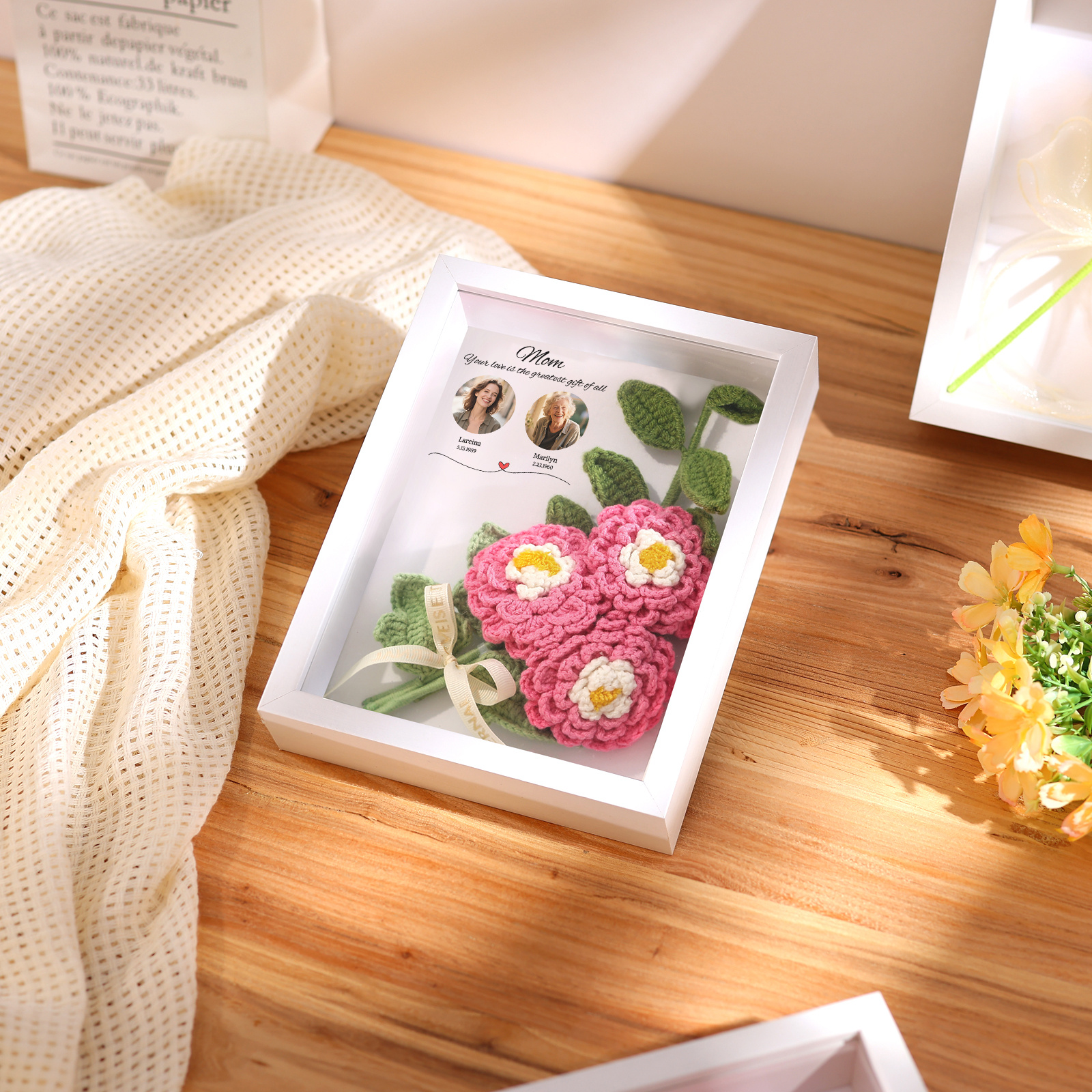 Personalized 3D Peony Crochet Flower Shadow Box Frame