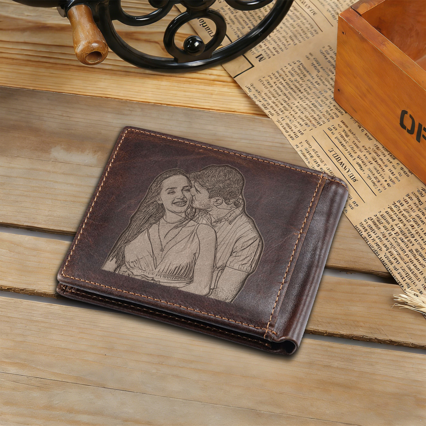 Personalised Engraved Photo Genuine Leather Wallet for Men