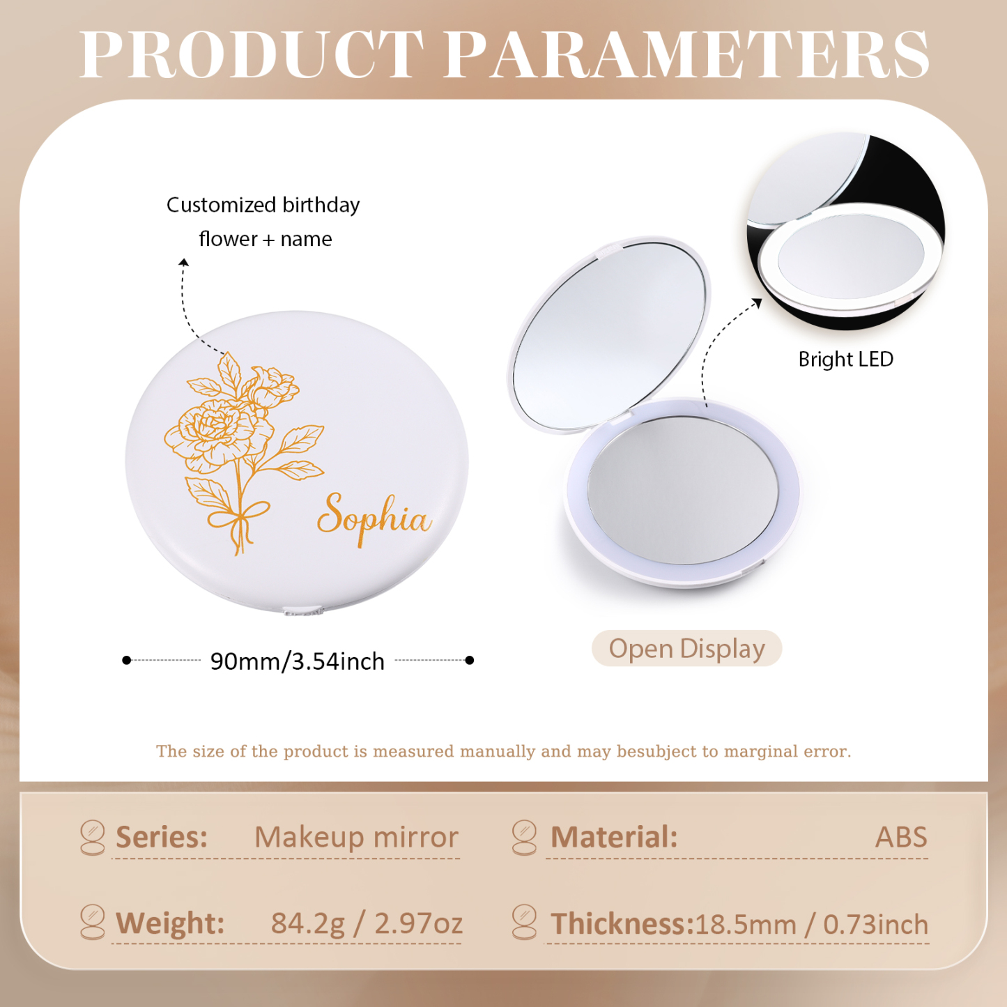 Personalized Birth Flower Pocket Mirror with Led Light Custom Name Compact Mirror Gifts for Her