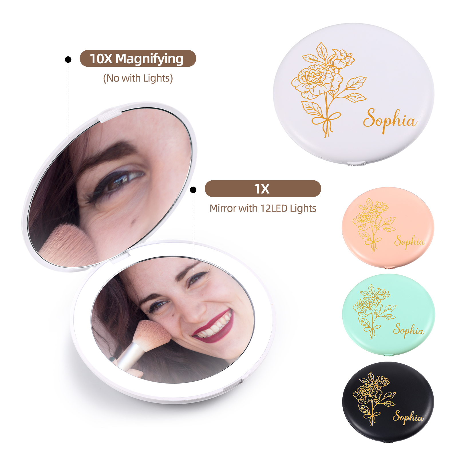 Personalized Birth Flower Pocket Mirror with Led Light Custom Name Compact Mirror Gifts for Her