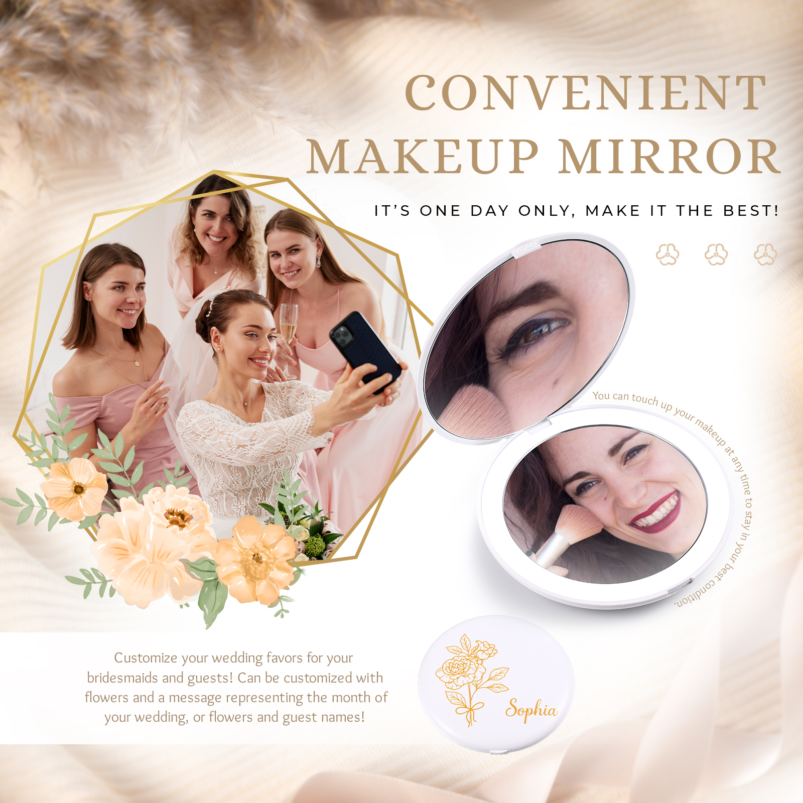 Personalized Birth Flower Pocket Mirror with Led Light Custom Name Compact Mirror Gifts for Her