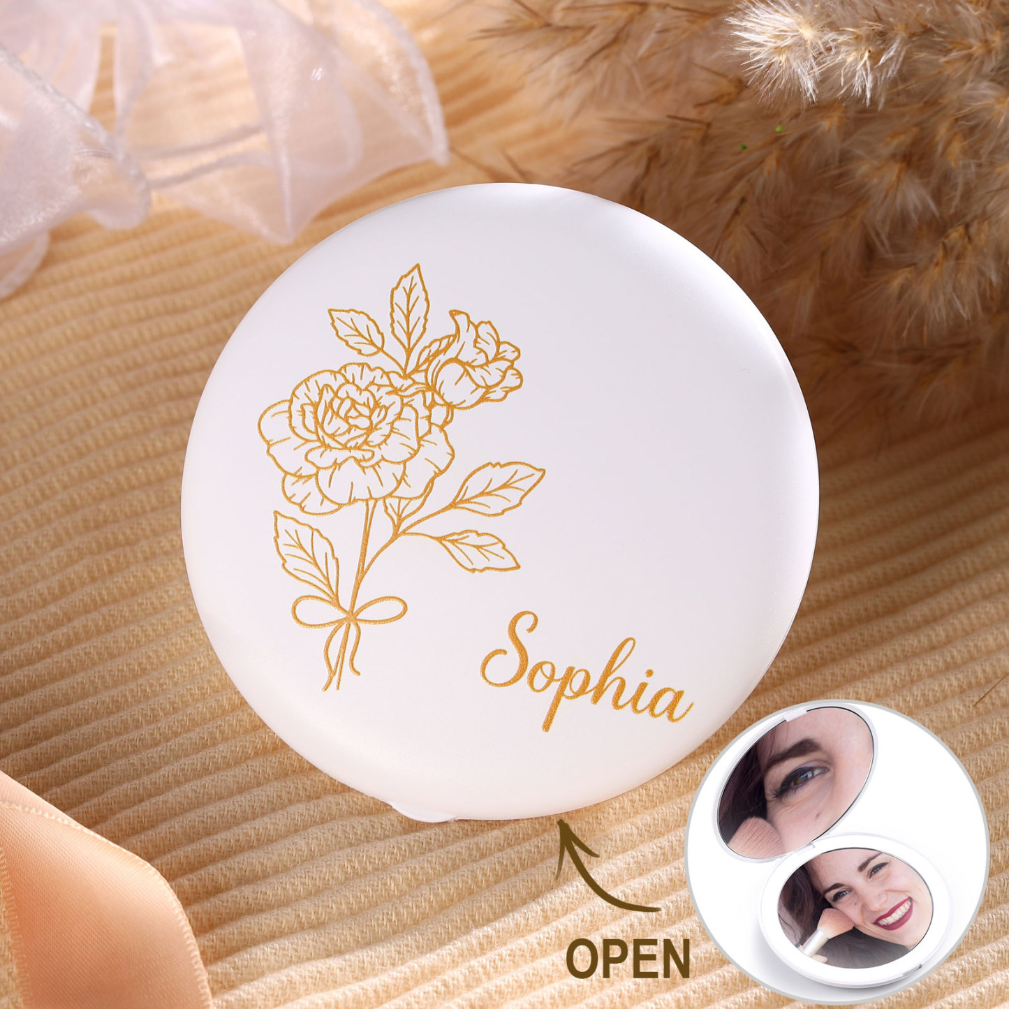Personalized Birth Flower Pocket Mirror with Led Light Custom Name Com