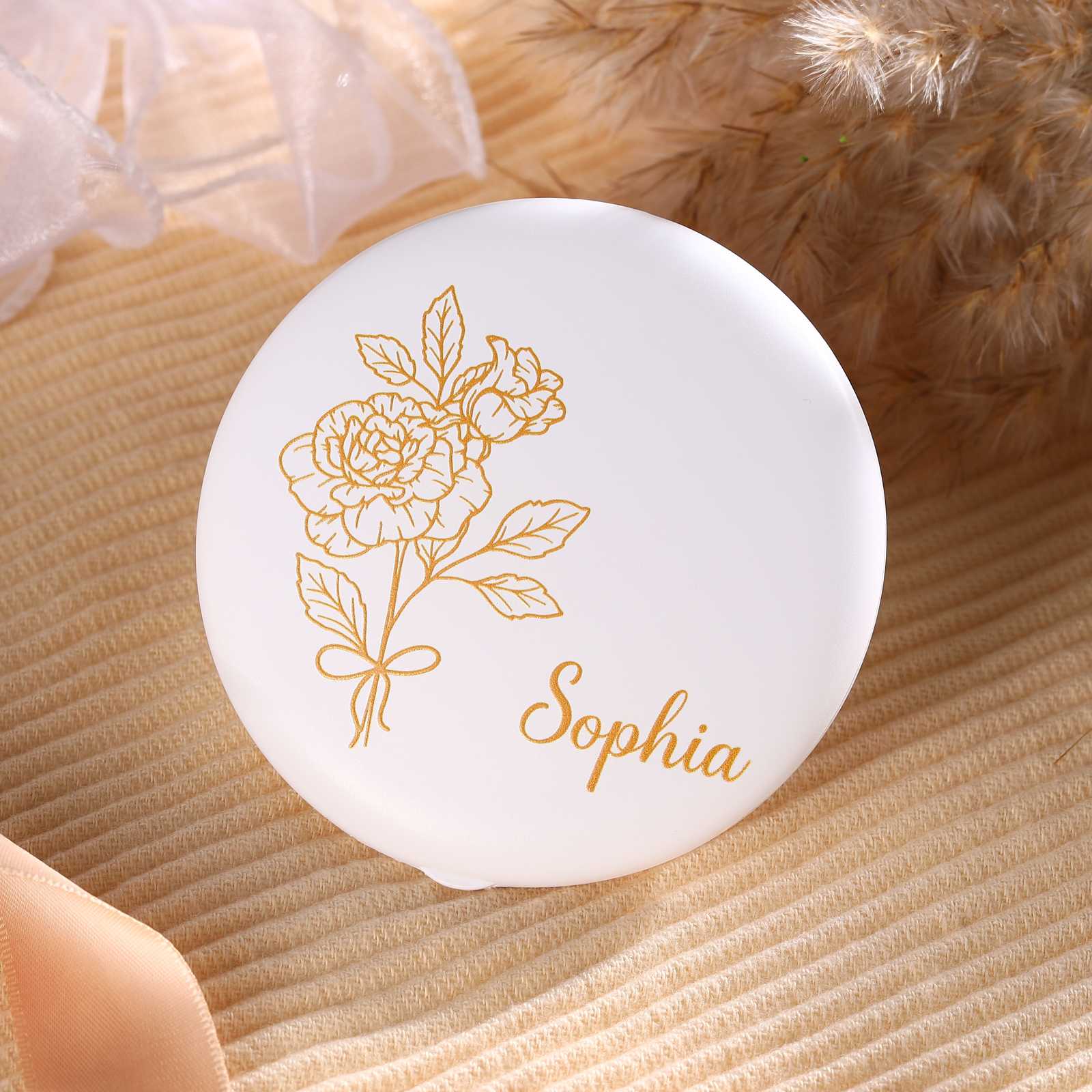 Personalized Birth Flower Pocket Mirror with Led Light Custom Name Compact Mirror Gifts for Her