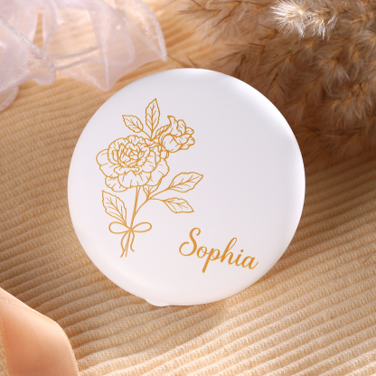 Personalized Birth Flower Pocket Mirror with Led Light Custom Name Compact Mirror Gifts for Her