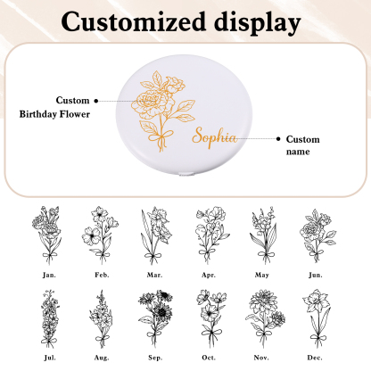 Personalized Birth Flower Pocket Mirror with Led Light Custom Name Compact Mirror Gifts for Her