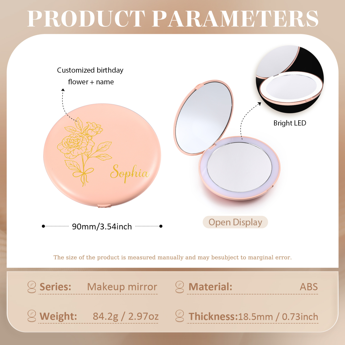 Personalized Birth Flower Pocket Mirror with Led Light Custom Name Compact Mirror Gifts for Her