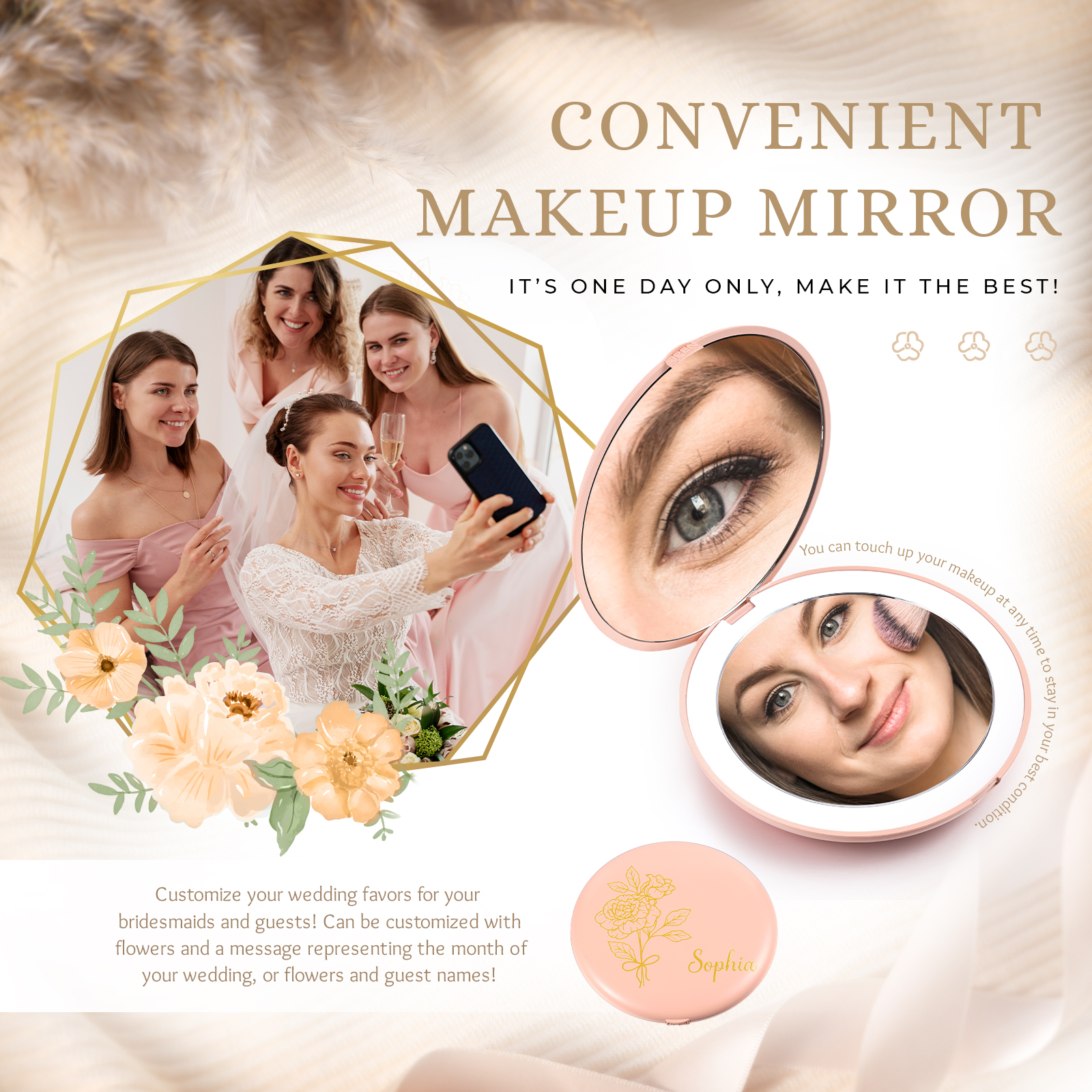 Personalized Birth Flower Pocket Mirror with Led Light Custom Name Compact Mirror Gifts for Her