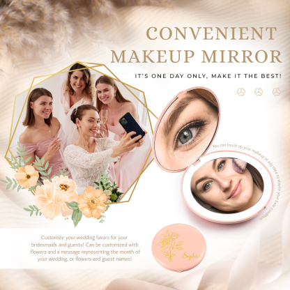 Personalized Birth Flower Pocket Mirror with Led Light Custom Name Compact Mirror Gifts for Her