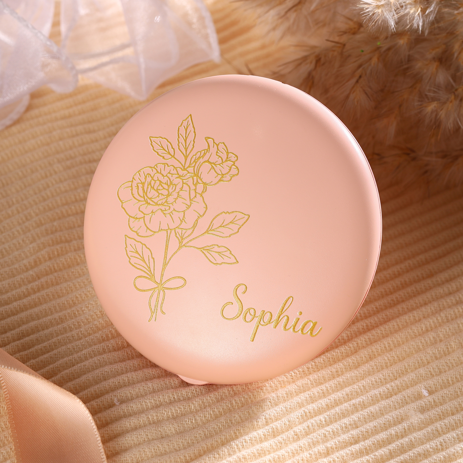Personalized Birth Flower Pocket Mirror with Led Light Custom Name Compact Mirror Gifts for Her