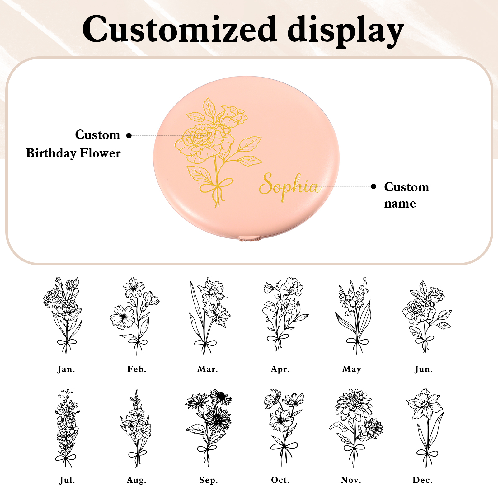 Personalized Birth Flower Pocket Mirror with Led Light Custom Name Compact Mirror Gifts for Her
