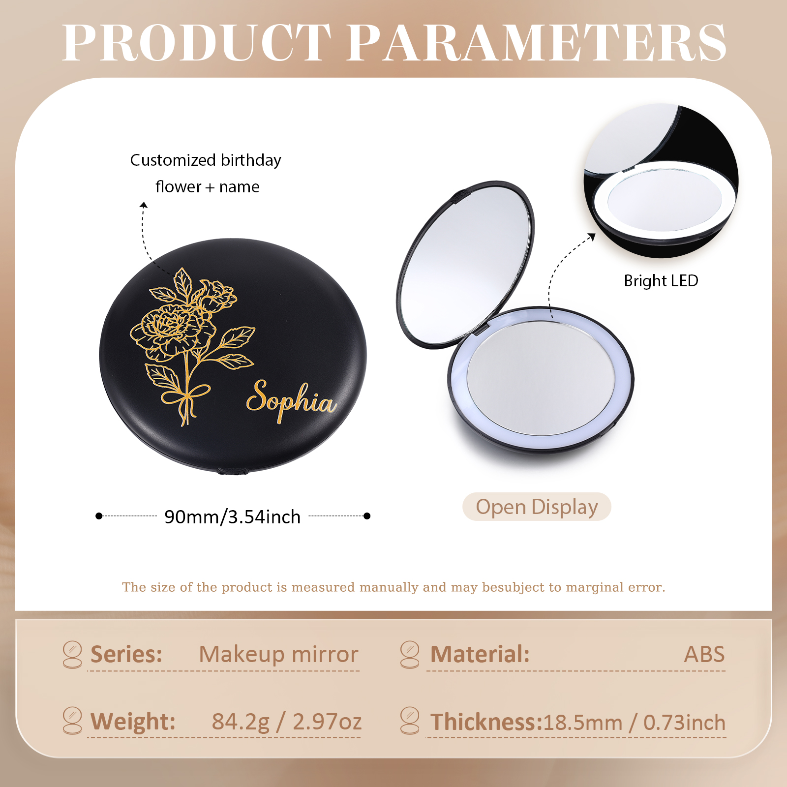 Personalized Birth Flower Pocket Mirror with Led Light Custom Name Compact Mirror Gifts for Her