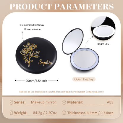 Personalized Birth Flower Pocket Mirror with Led Light Custom Name Compact Mirror Gifts for Her