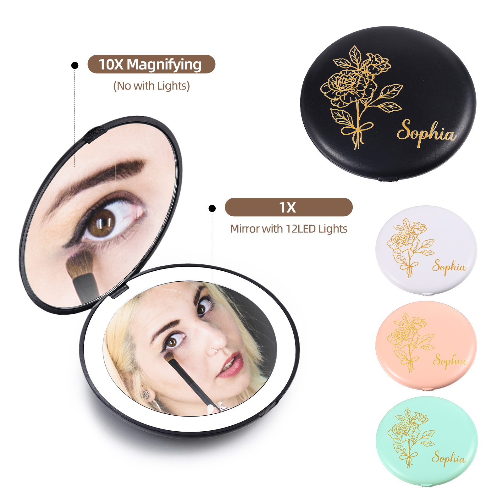 Personalized Birth Flower Pocket Mirror with Led Light Custom Name Compact Mirror Gifts for Her