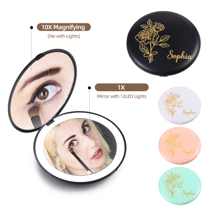 Personalized Birth Flower Pocket Mirror with Led Light Custom Name Compact Mirror Gifts for Her