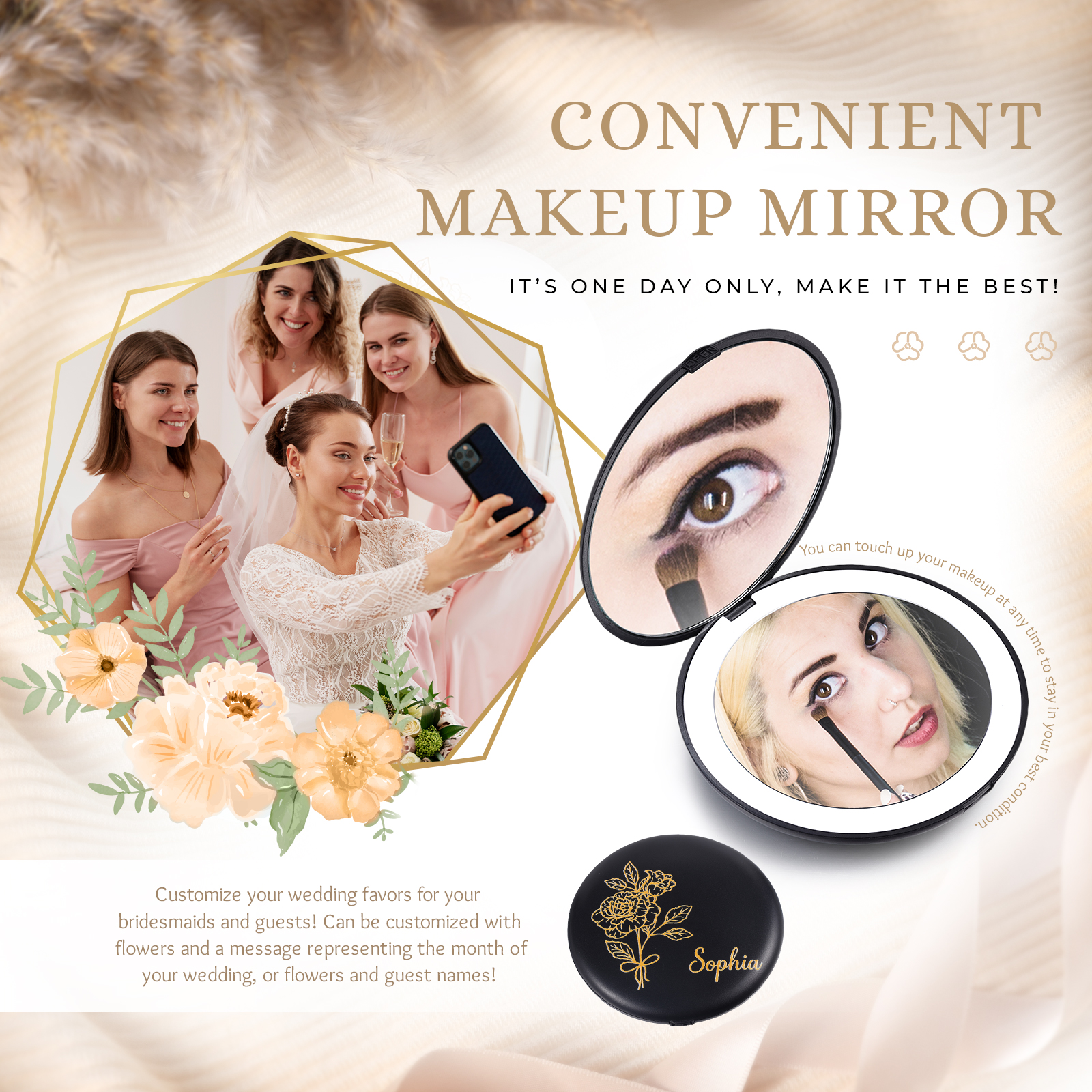 Personalized Birth Flower Pocket Mirror with Led Light Custom Name Compact Mirror Gifts for Her