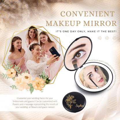 Personalized Birth Flower Pocket Mirror with Led Light Custom Name Compact Mirror Gifts for Her